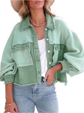 💚✨NWOT Amazon Women's Green Cropped Oversized Lightweight Casual Jacket
